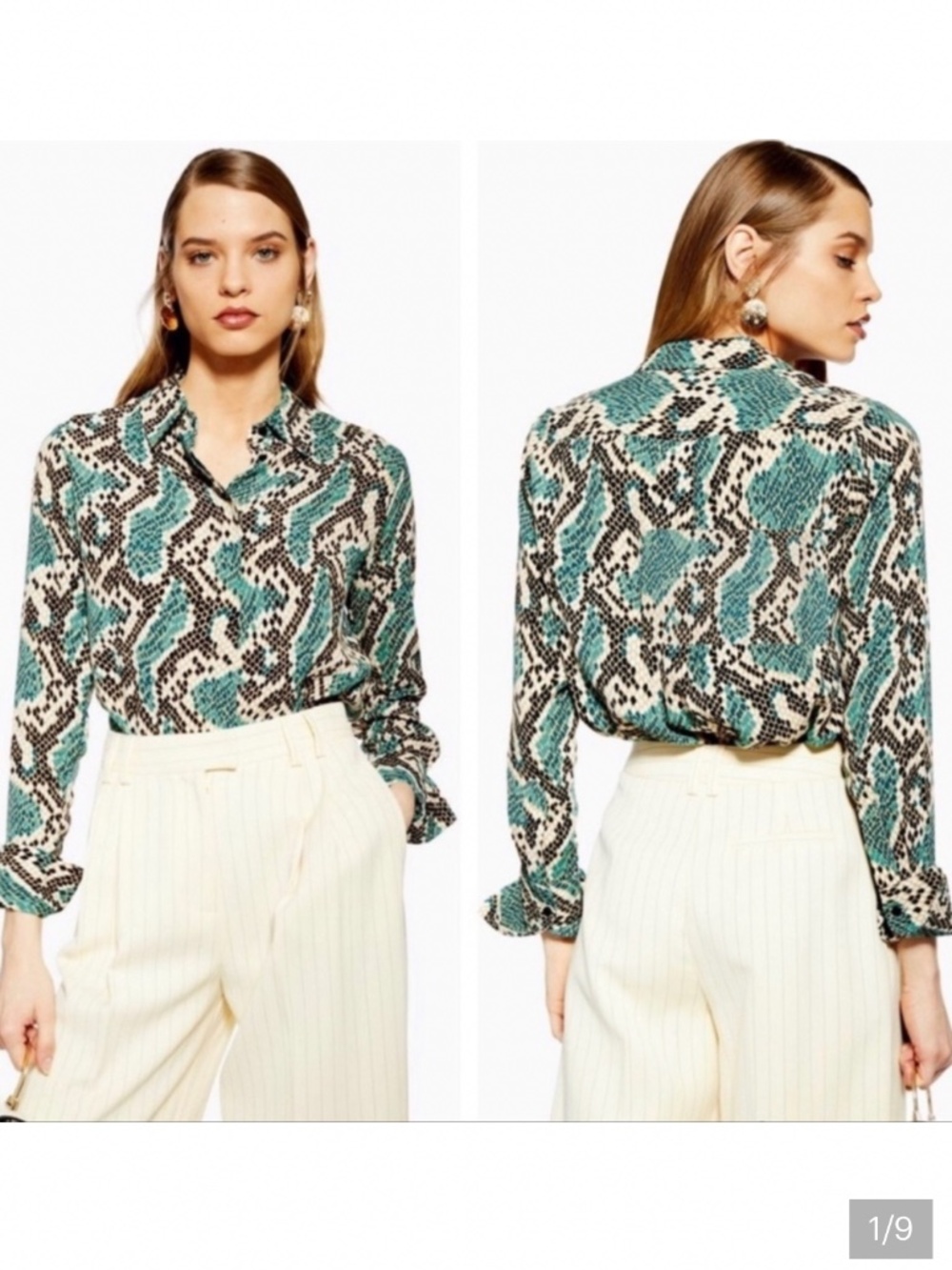 Topshop Turquoise Snakeprint Button Up Blouse Sz 4